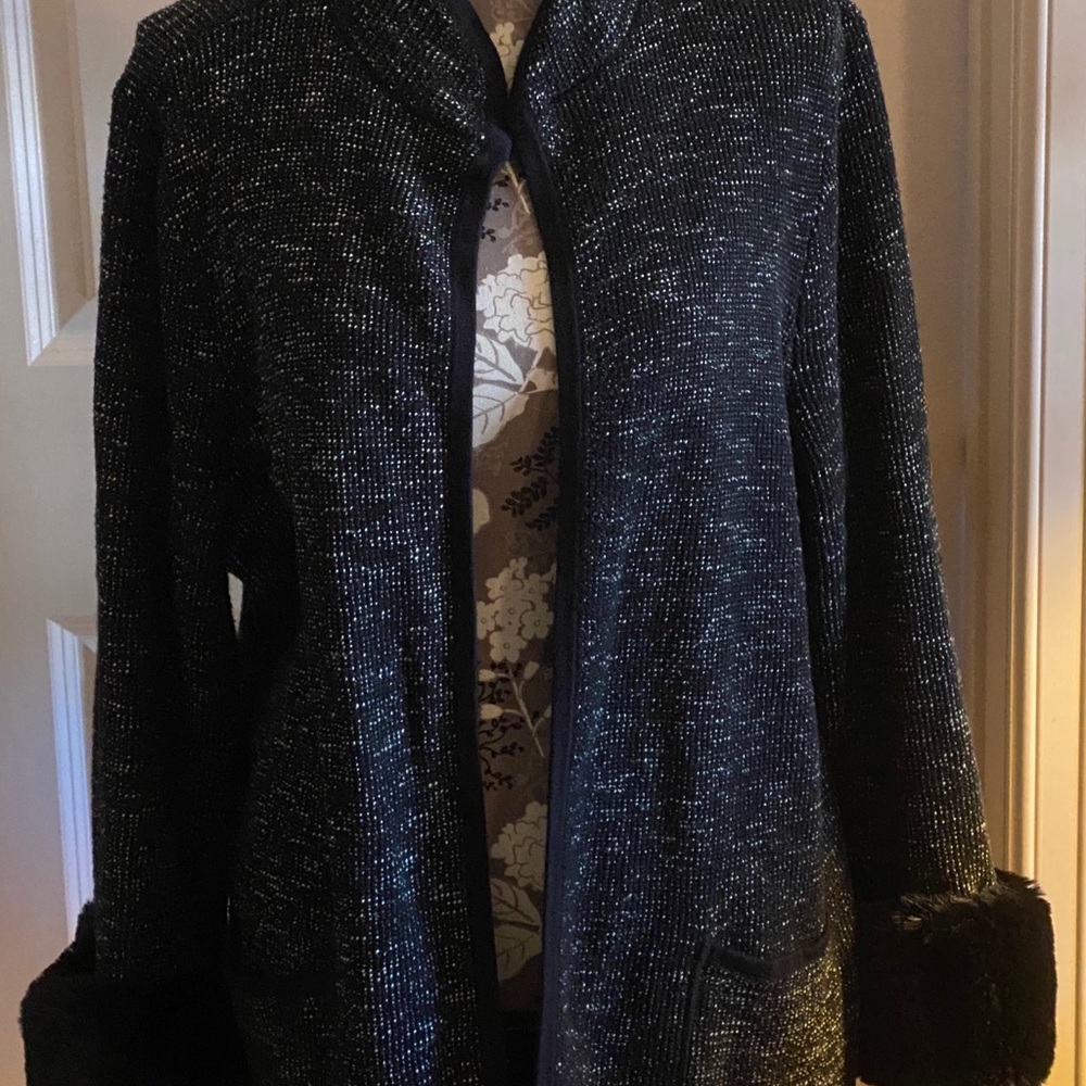 Black sweater jacket with fur cuffs